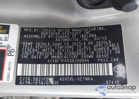 2013 Toyota Camry Le из США, поврежденный, VIN 4T4BF1FK5DR296994